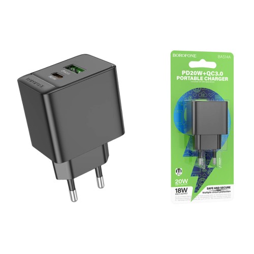 Сетевое ЗУ BOROFONE BAS14A (USB QC3.0/PD 20W) черное