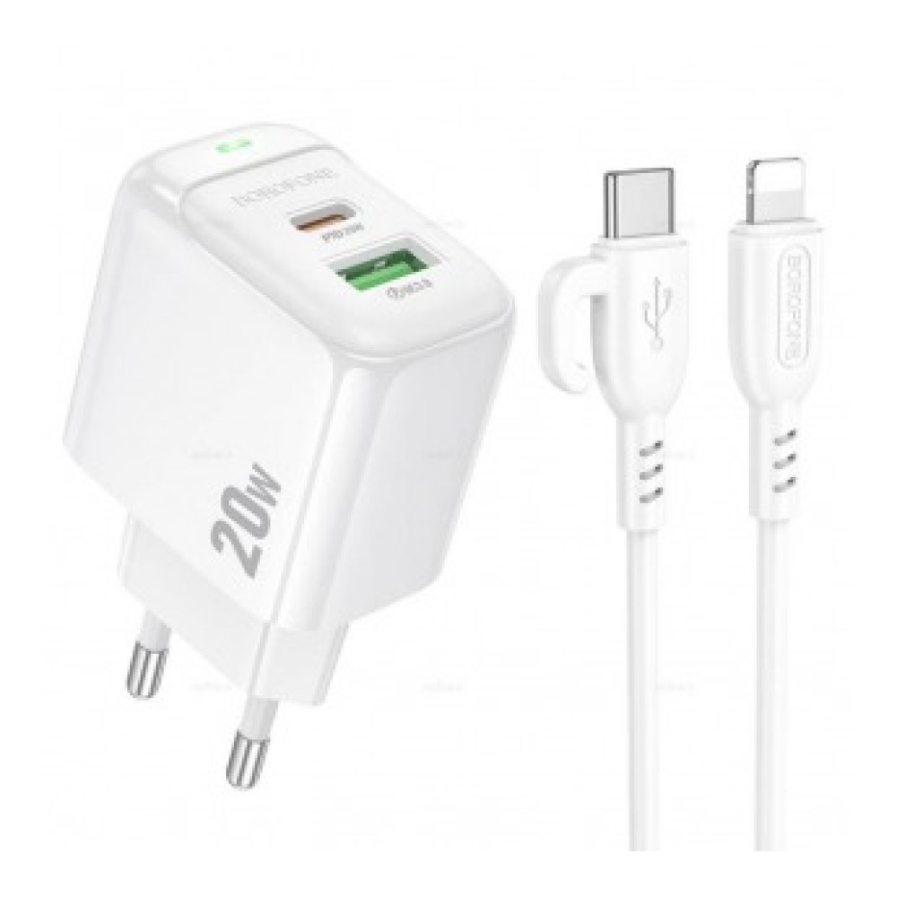 Сетевое ЗУ BOROFONE BAS44A + кабель Lightning/Type-C (PD 20W/3,1A) белое