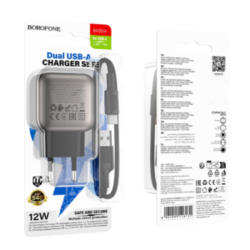 Сетевое ЗУ BOROFONE BAS51A + кабель Type-C (USB 2.4A/12W) черное