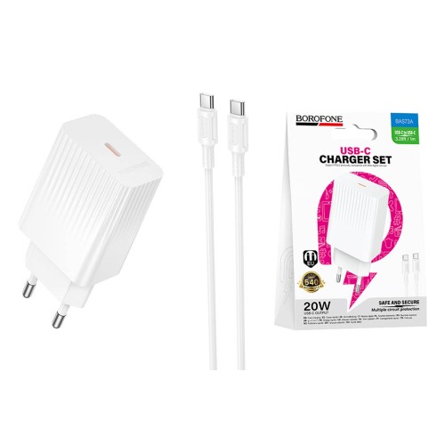 Сетевое ЗУ BOROFONE BAS73A + кабель Type-C-Type-C (PD 20W) белое
