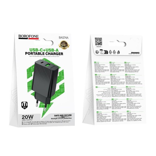 Сетевое ЗУ BOROFONE BAS74A (USB QC3.0/20W/3A) черное