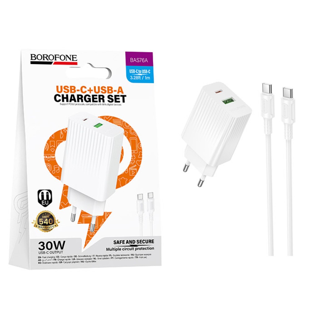 Сетевое ЗУ BOROFONE BAS76A + кабель Type-C-Type-C (USB QC3.0/PD 30W/3A) белое