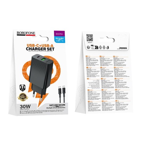Сетевое ЗУ BOROFONE BAS76A + кабель Type-C-Type-C (USB QC3.0/PD 30W) черное