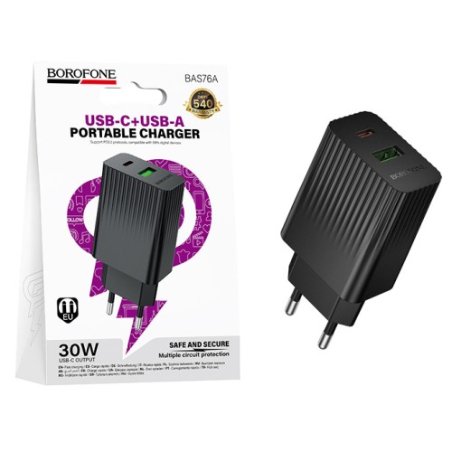 Сетевое ЗУ BOROFONE BAS76A (USB QC3.0/PD 30W) черное