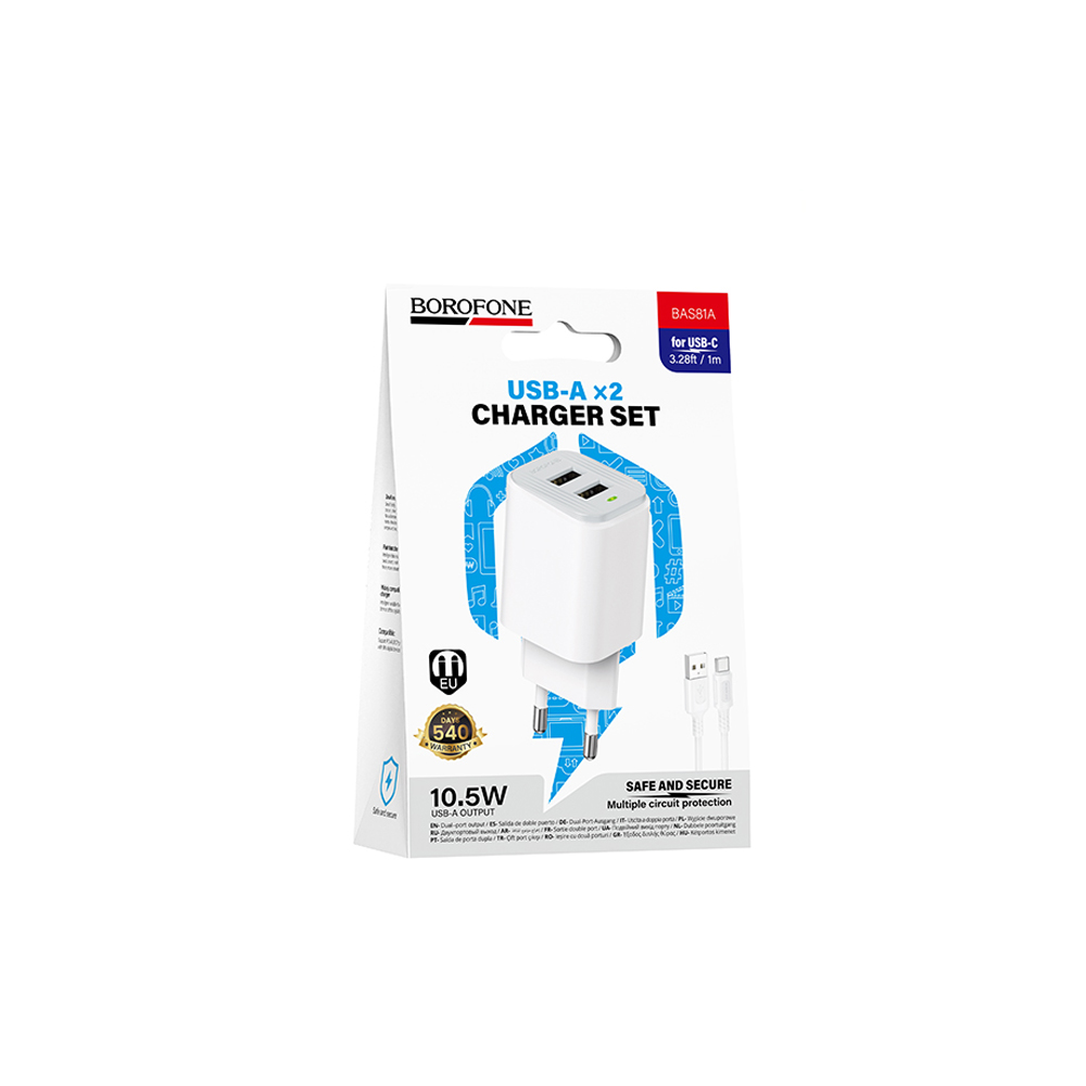 Сетевое ЗУ BOROFONE BAS81A + кабель Type-С (2USB/10.5W/2.1A) белое 