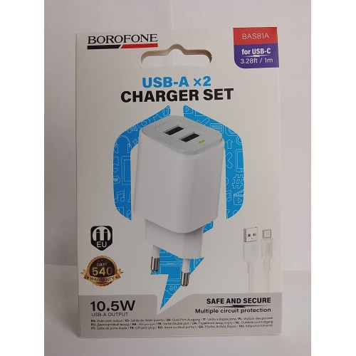 Сетевое ЗУ BOROFONE BAS81A + кабель Type-С (2USB/10.5W) белое 