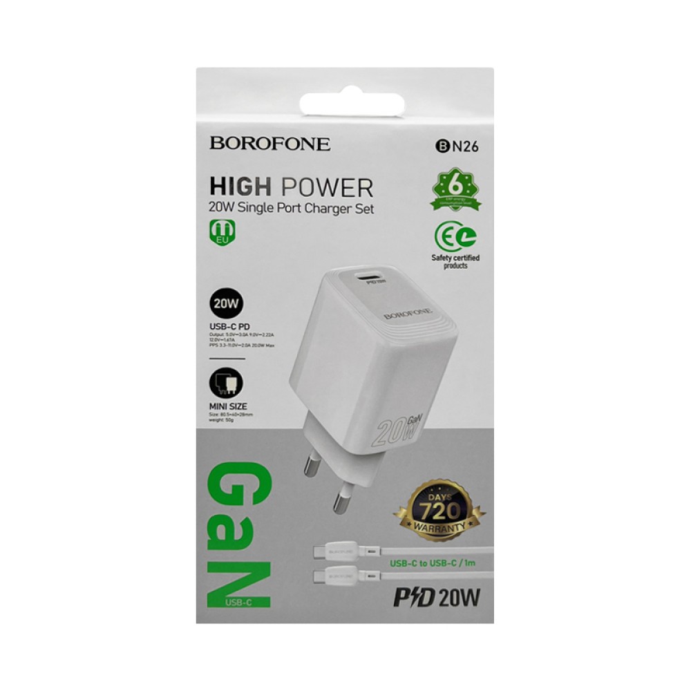 Сетевое ЗУ BOROFONE BN26 + кабель Type-C-Type-C (PD 20W) белое