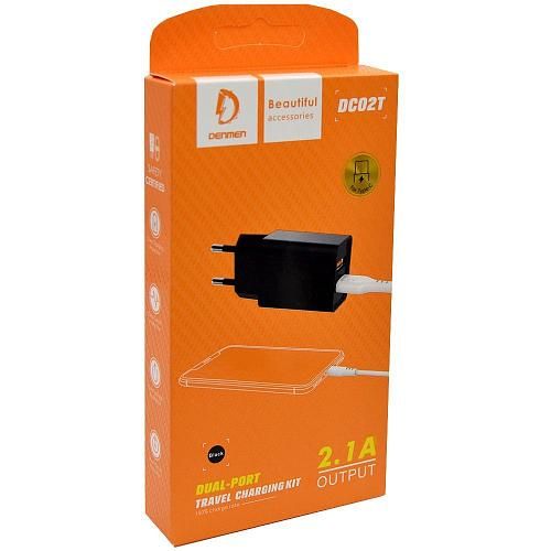 Сетевое ЗУ DENMEN DC02T + кабель Type-C (2USB/2.1A) черное