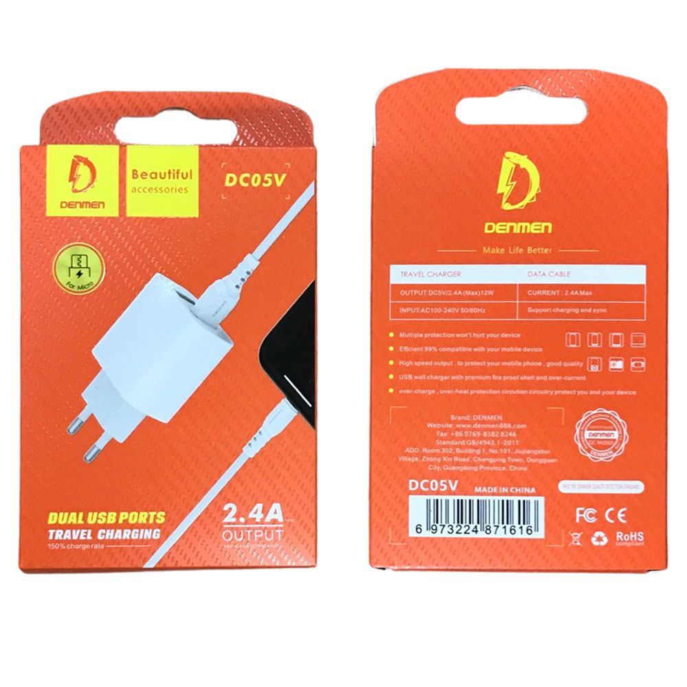 Сетевое ЗУ DENMEN DC05V + кабель Micro USB (2USB/2.4A) белое