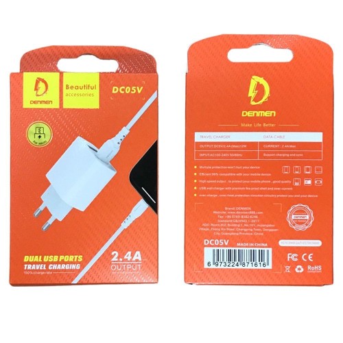 Сетевое ЗУ DENMEN DC05V + кабель Micro USB (2USB/2.4A) белое