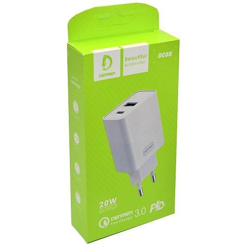 Сетевое ЗУ DENMEN DC08 (USB QC3.0/PD 20W) белое