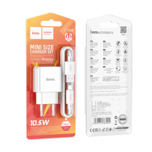 Сетевое ЗУ HOCO C106A + кабель Micro USB (USB/2.1A) белое
