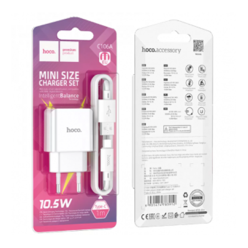 Сетевое ЗУ HOCO C106A + кабель Type-C (USB/2.1A) белый