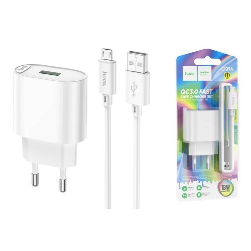 Сетевое ЗУ HOCO C109A + кабель Micro USB (USB QC3.0/10,5W) белое