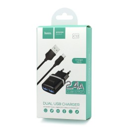 Сетевое ЗУ HOCO C12 + кабель Micro USB (2USB/2.4A) черное