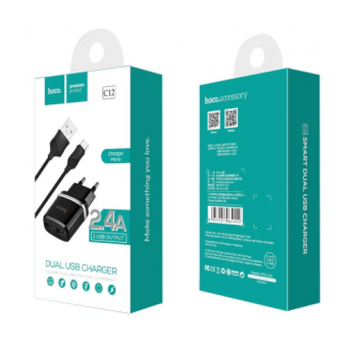 Сетевое ЗУ HOCO C12 + кабель Micro USB (2USB/2.4A) черное