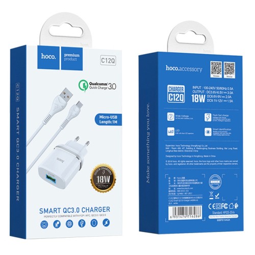 Сетевое ЗУ HOCO C12Q + кабель Micro USB (USB QC3.0/18W/3A) белое