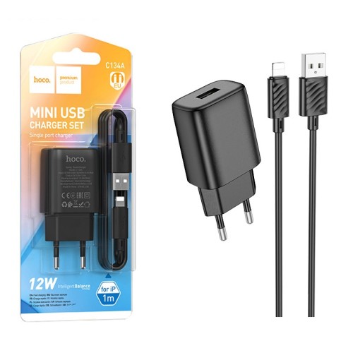 Сетевое ЗУ HOCO C134A + кабель Lightning (USB/2.4A) черное