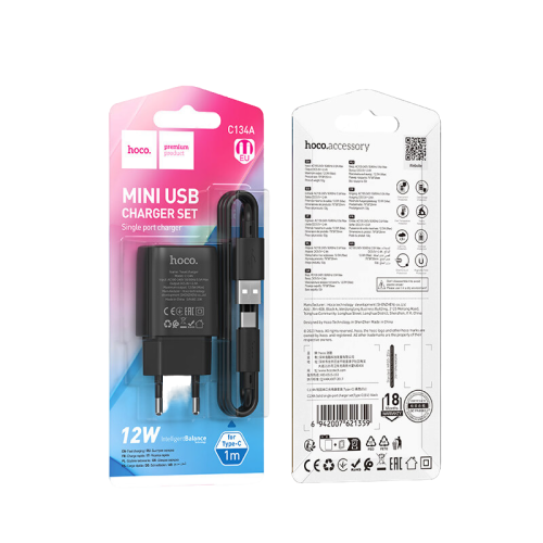 Сетевое ЗУ HOCO C134A + кабель Type-C (USB/2.4A) черное