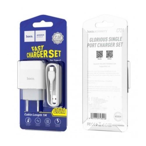 Сетевое ЗУ HOCO C72A + кабель Type C (USB/2.1A) белое