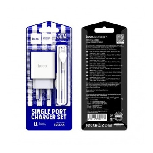 Сетевое ЗУ HOCO C81A + кабель Lightning (USB/2.1A) белое