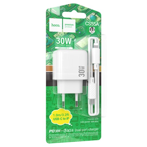 Сетевое ЗУ HOCO CS55A+ кабель Lightning/Type-C (USB QC3.0/PD 30W/3A) белое