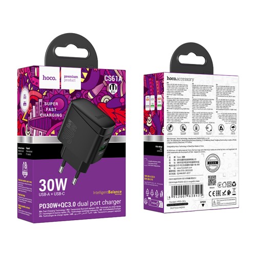 Сетевое ЗУ HOCO CS61A (USB QC3.0/PD 30W/3A)  черное