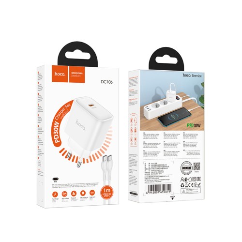 Сетевое ЗУ HOCO DC106 + кабель Type-C/Type-C (PD 30W) белое