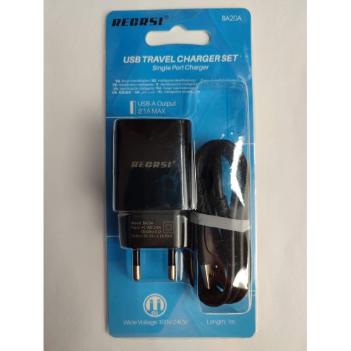 Сетевое ЗУ RECRSI BA20A + кабель Lightning (USB/2.1A) черное