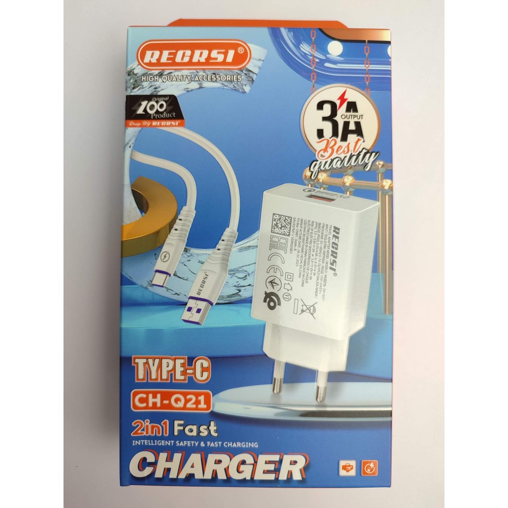Сетевое ЗУ RECRSI CH-Q21 + кабель Type-C (1USB/QC 3.0 3A) белое