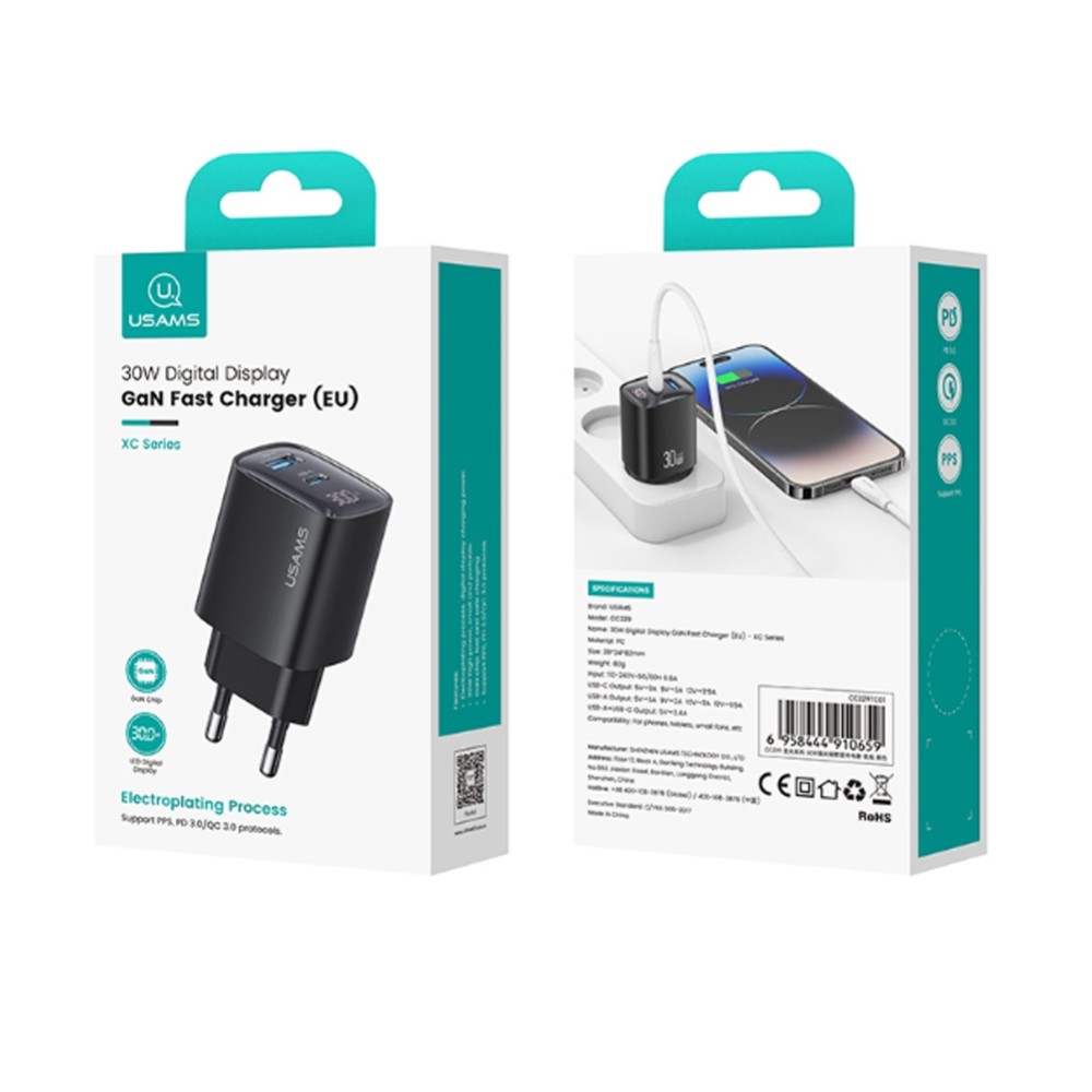 Сетевое ЗУ USAMS CC229 TC01 (1USB QC3.0/PD 30W/дисплей) черное