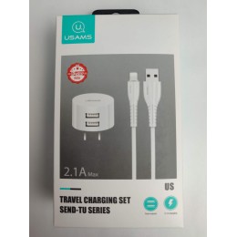 Сетевое ЗУ USAMS TU Series + кабель Lightning (2USB/2.1A) белое  (Китайская вилка)
