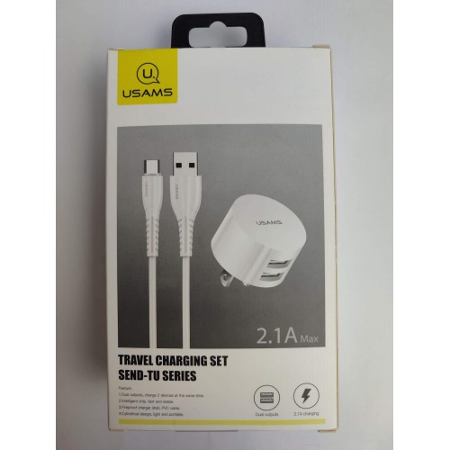 Сетевое ЗУ USAMS TU Series + кабель Type-C (2USB/2.1A) белое (Китайская вилка)