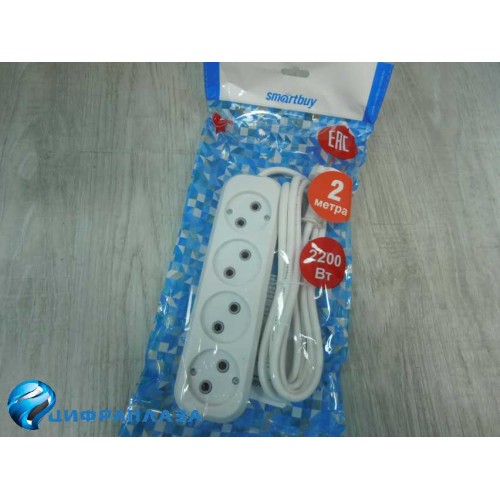 Удлинитель SMARTBUY, 4 гнезда 2 метра 10А/2,2кВт без заземления ПВС 2х1,0