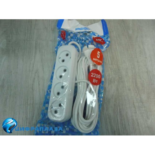 Удлинитель SMARTBUY, 4 гнезда 5 метров 10А/2,2кВт без заземления ПВС 2х1,0