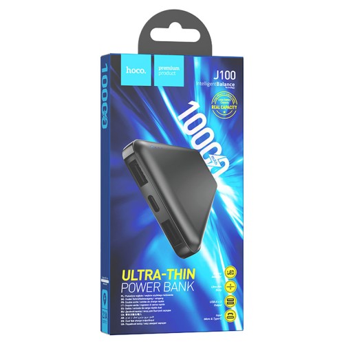 Внешний аккумулятор 10 000 mAh HOCO J100 (CCC/2USB 2.1А/PD 2А/Micro/LED инд.бат) черный