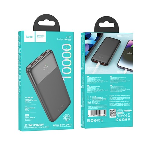 Внешний аккумулятор 10 000 mAh HOCO J121 (2USB QC3.0/PD 20W/Micro/дисплей) черный