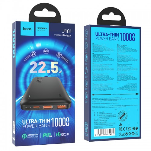 Внешний аккумулятор 10000 mAh HOCO J101 (2USB/PD/Micro/LED инд.бат) черный