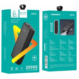 Внешний аккумулятор 20 000 mAh DENMEN DP35 (2USB/PD/Micro/фонарик/инд.бат) черный