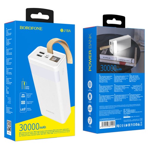 Внешний аккумулятор 30 000 mAh BOROFONE BJ18A (2USB/PD/Micro/фонарик/дисплей) белый