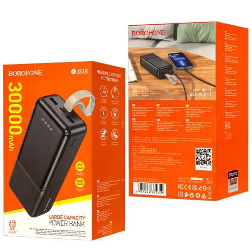 Внешний аккумулятор 30 000 mAh BOROFONE BJ33B (2USB/PD/LED инд.бат) черный