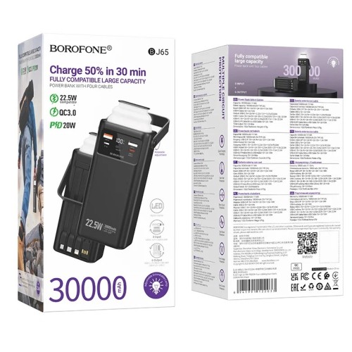 Внешний аккумулятор 30 000 mAh BOROFONE BJ65 (2USB QC3.0/PD 20W/ip/фонарик/4 кабеля/дисплей) черный