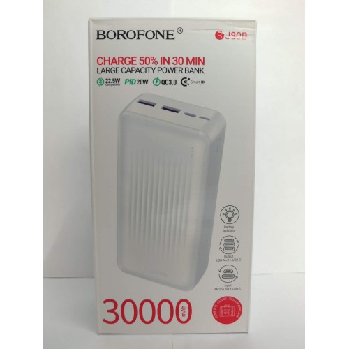 Внешний аккумулятор 30 000 mAh BOROFONE BJ80B (2USB QC3.0/PD 20W/Micro/LED инд.бат) белый