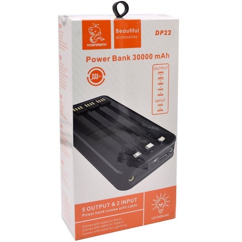 Внешний аккумулятор 30 000 mAh DENMEN DP22 (2USB/PD/фонарик/три кабеля/инд.бат) черный
