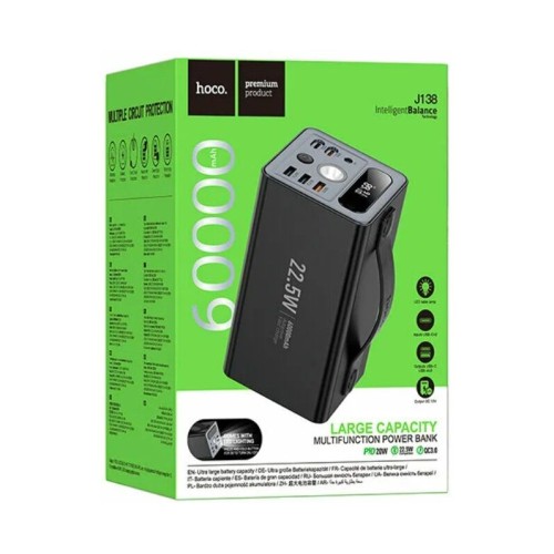 Внешний аккумулятор 60 000 mAh HOCO J138 (3USB QC3.0/PD 20W/DC/фонарик/дисплей) черный