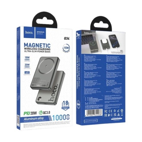  Внешний аккумулятор MagSafe 10 000 mAh HOCO Q34 (PD 20W/QC3.0/LED инд.бат) серый
