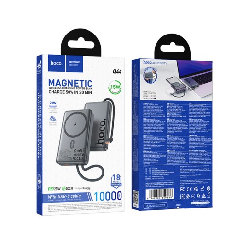  Внешний аккумулятор MagSafe 10 000 mAh HOCO Q44 (PD 20W/QC3.0/кабель Type-C/LED инд.бат) серый
