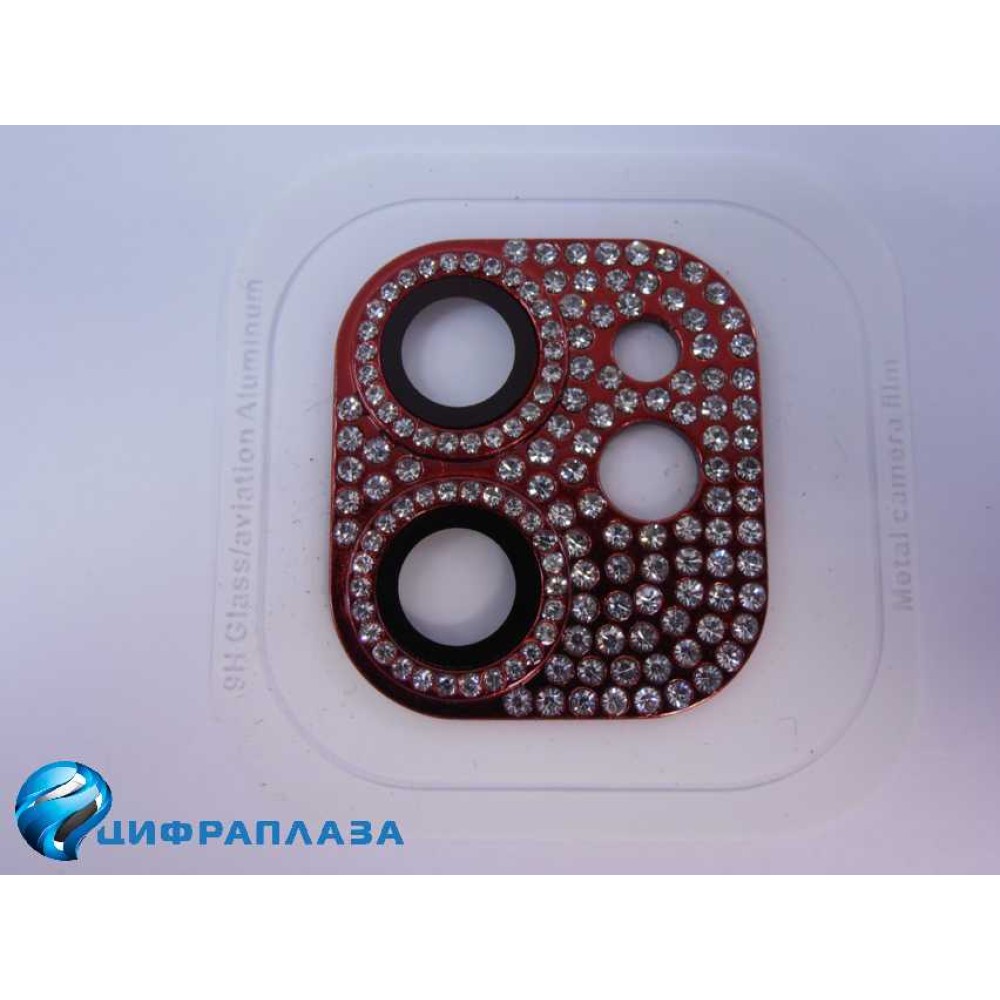 Защитное стекло на камеру iPhone 11/12 Mini со стразами красное