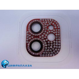 Защитное стекло на камеру iPhone 11/12 Mini со стразами красное