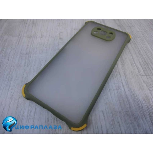 Чехол силикон-пластик Xiaomi POCO X3 прозрачный с защитой по краям хаки/оранжевый